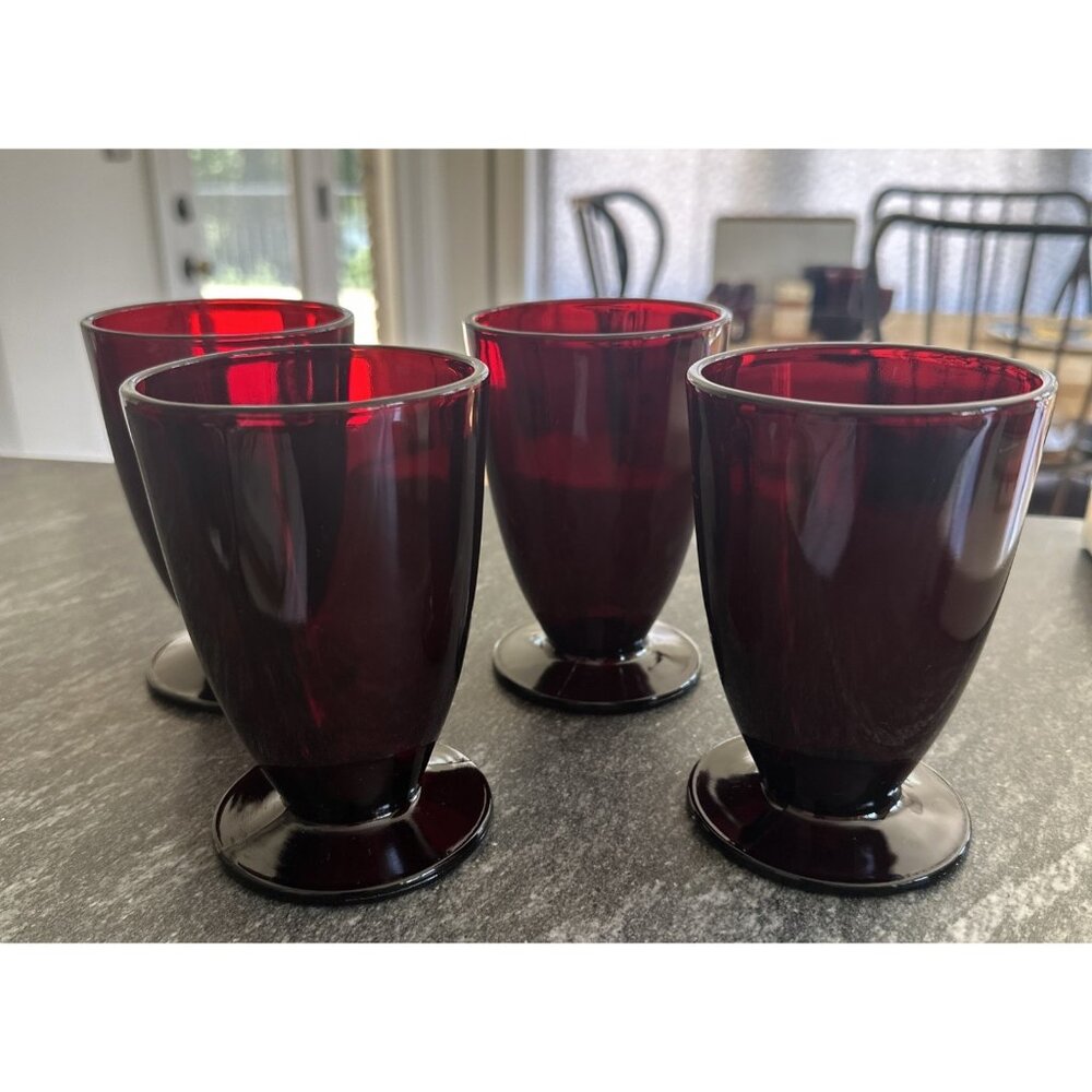 Set Of  4 Vintage Anchor Hocking Royal Ruby Red Footed Tumblers 5” Glasses